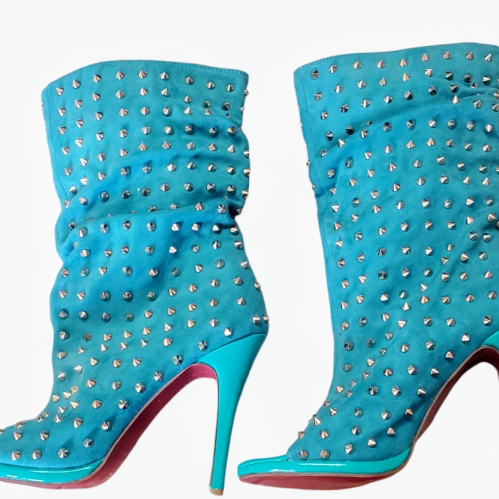 Designer Inspired Teal Studded Peep Toe High Heel Boots Size 42 - Picture 5 of 16
